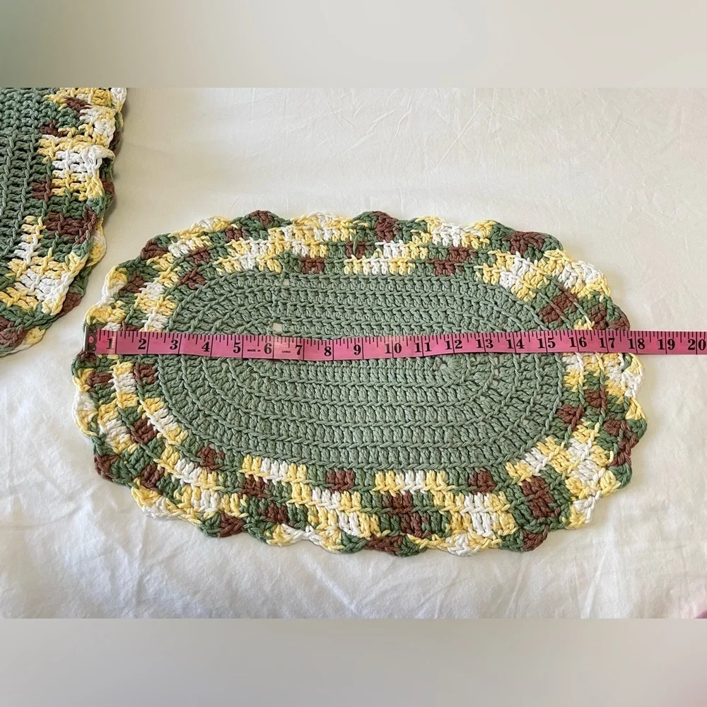 Set of 6 Vintage Oval Hand Crocheted Placemats | Green Yellow Brown
